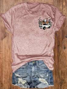 Women's Western-Style Letter Print Crew Neck T-Shirt, Casual Short-Sleeve Top, Women's Clothing. A0JO - 粉紅色 - 查看 3