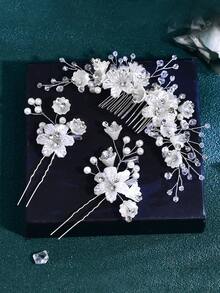 Juego de 3 piezas de peineta y horquilla para el cabello de novia, tocado para mujer con decoraciones de flores y strass, accesorios para el cabello de boda para fiestas - Plateado - Ver 4