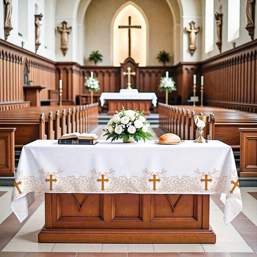 2026 Rectangular White Altar Cloth With Gold Cross, Polyester, Decor For Church Ceremonies, Baptisms, And Religious Events - 140*220 - View 1