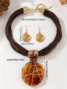 1Set Boho Amber Jewelry Set, Multi-Strand Brown Rope Collar Necklace & Gold Spiral Earrings For Women, Multi Colors, Party Vacation Accessory - Coffee Brown - View 2
