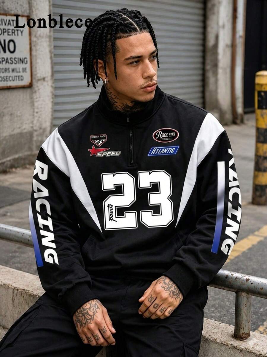 Lonblece 1pc Men's Casual Pullover Sweatshirt With Half Zip, Black & White Patchwork, Racing Number Brand Print, Fall - Black and White - View 1