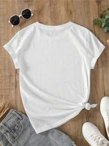 YOCASA Women's Summer T-Shirt With Round Neck And Short Sleeves, Oil Painting Print With Floral Heart And Letter Design, Casual, Simple And Sporty Style For Everyday Wear - YH276-白色 - 查看 3