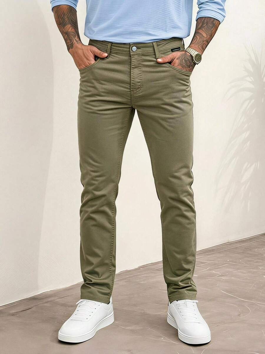 Men's Casual Washed Low-Rise Tapered Khaki Jeans - Khaki - View 1