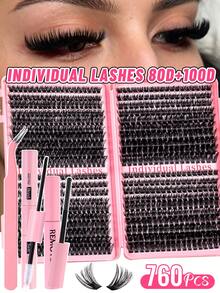 MEM 720pcs Fluffy Single Cluster False Eyelashes Book, Mixed Length Fine & Thick Stem Lashes, Mixed Density, Soft Reusable Comfortable Set, Includes Glue, Remover And Tweezers, Suitable For Beginners To Create Cat Eye And Round Eye Looks - 黑色 - 查看 1
