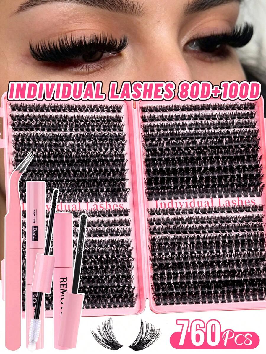 MEM 720pcs Fluffy Single Cluster False Eyelashes Book, Mixed Length Fine & Thick Stem Lashes, Mixed Density, Soft Reusable Comfortable Set, Includes Glue, Remover And Tweezers, Suitable For Beginners To Create Cat Eye And Round Eye Looks - 黑色 - 查看 1