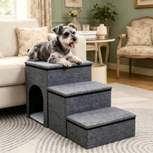 3-Step Pet Stairs With Storage & Cozy Condo, Foldable Dog Steps For High Bed/Couch, Non-Slip, 165 Lbs Capacity, Easy Assembly - 灰色 - 查看 4