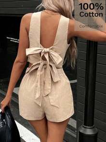 Set de 2 piezas de top corto sin espalda anudado y shorts de unicolor de verano para mujer - Verde - Ver 3