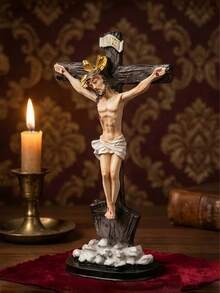 1pc Christian Home Decor Jesus Cross Figurine, Religious Desktop Ornament, Suitable For Prayer Corner, Catholic Bookshelf Decoration, Faith Inspiration Room Decor Gift - 1PC - View 3