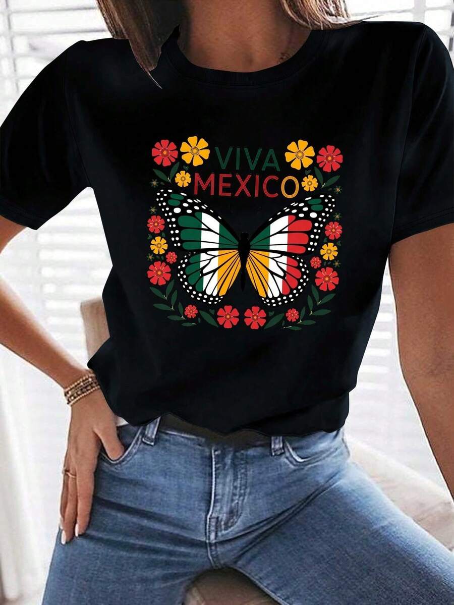 NEW Women's Cami With Mexican Flag Design - "Viva México" Design, With Marigold And Cactus Flower Prints - Soft And Breathable 100% Cotton Casual Garment For Everyday Wear - 黑色 - 查看 1