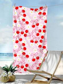 1pc Cherry & Bow Beach Towel, Fashionable Bow Cherry Print Large Beach Towel, Ultra-Fine Fiber Absorbent Beach Bath Towel, Suitable For Travel, Swimming Pool, Diving, Surfing, Yoga, Camping, Beach Party And Party Decoration, Summer Beach Travel Essential, Multi-Functional Beach Towel For Bathroom Decoration During Vacation - Red Cherry - View 3