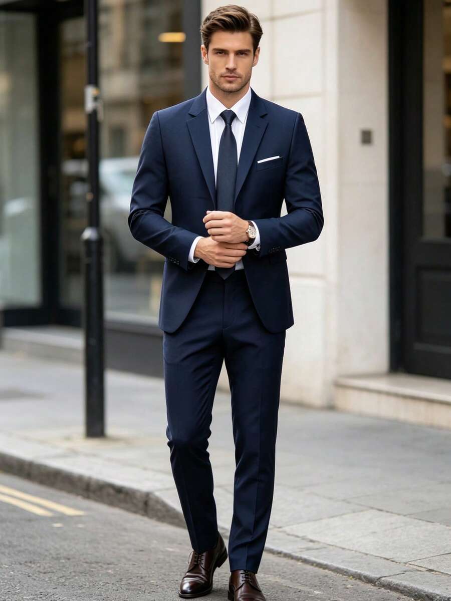 WindsorQuad 男士西裝外套套裝,紳士純色兩件式外套與領帶套裝,長袖雙排扣修身單排扣,適合旅行、婚禮、派對、商務、舞會 - 藏蓝色 - 查看 1