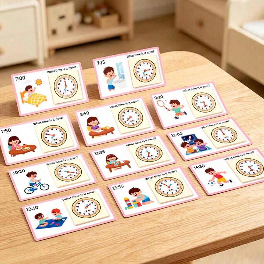 Kids Wooden Time Learning Puzzle Clock Set, Montessori Educational Matching Cards Toy For Toddlers Time Recognition & Daily Routine Training