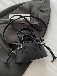 Fashion Solid Color PU Drawstring Mini Handbag With Metallic Color, Crossbody Small Shell Women's Bag - Black - View 10