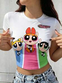 SHEIN X Powerpuff Girls 女款可愛印花短版圓領上衣，舒適休閒運動風，適合夏季日常穿著 - 彩色 - 查看 2