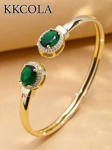 KKCOLA 2pcs Summer Fashion Geometric Green Zirconia Bracelets, Party Vacation Beach Jewelry For Women, Holiday Gift - Yellow Gold - View 2
