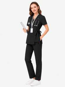 cimmuovere Top de blouse de travail à col en V et manches courtes avec deux poches pour femmes grandes tailles. Blouse de travail pour infirmière, dentiste, soins de santé, hôpital vétérinaire, laboratoire. Convient pour l'automne et le printemps. - Noir - Voir 4