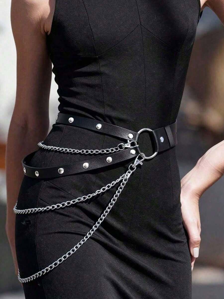 1pc Women's Black Gothic Style Body Belt, Adjustable Cross Chain One-Piece Waist Belt, Performance Costume Accessory, Suitable For Daily Wear, Street Style, Runway Events - Black - View 1