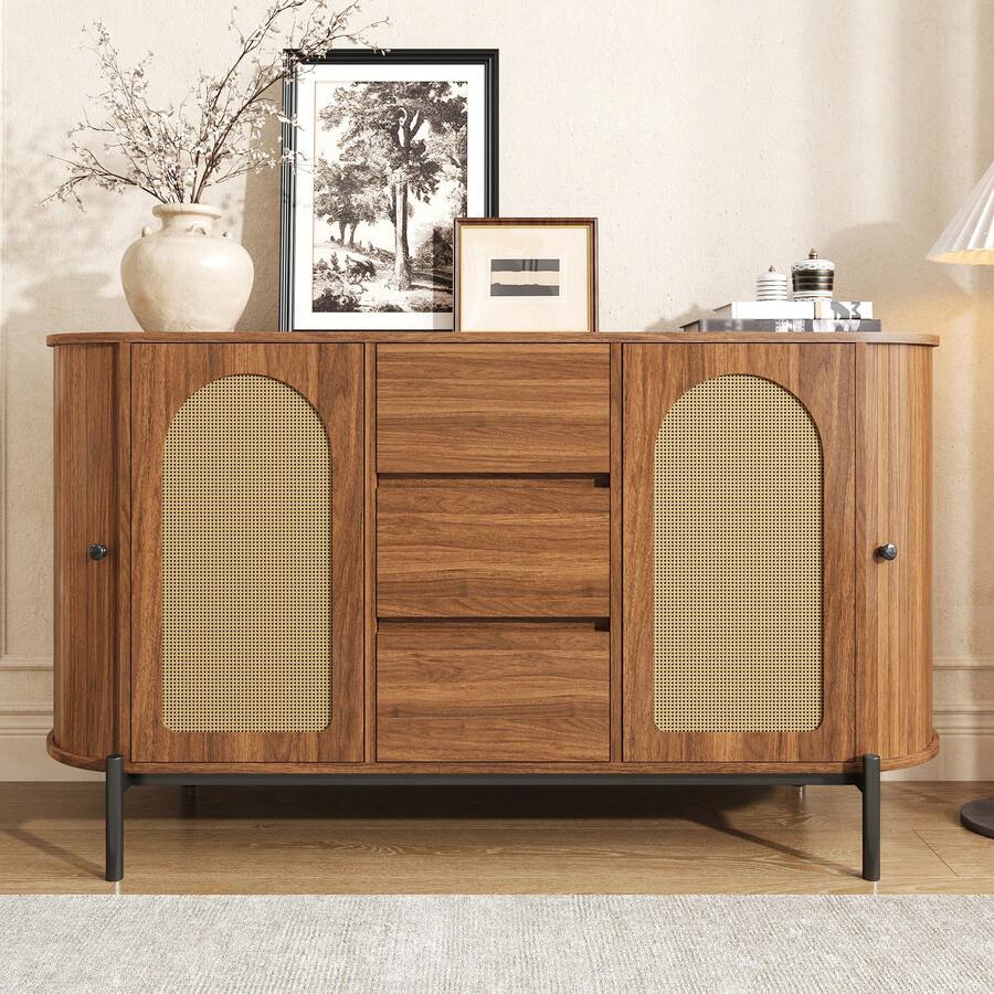 Oval Sideboard With Rattan, Sliding Doors, Drawers, Adjustable Shelves, Wood Effect, Metal Legs, - Walnut - 查看 1
