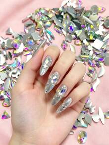 1 paquete de strass para uñas con forma asimétrica de luna, mariposa y estrella, base plana, color AB, accesorios brillantes de arte de uñas tipo diamante, aptos para dijes de uñas DIY multifunción - Multicolor - Ver 4