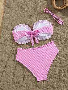 Women's Striped Print Flat Chest Bikini 2 Pieces Set, Suitable For Summer Island Vacation Outfits Beach - Multicolor - View 3