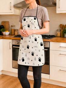 1pc Cream Base Black Hand-Drawn Random Sized Dog Paw Print Mountain Pine Tree Cloud Print Apron Outdoor Nature Style Halter Neck Sleeveless Black Trim Design Unisex Home Anti-Stain Protective Apron Suitable For Kitchen Cooking Baking Grilling Housework Cleaning And More - Multicolor 1 - View 7