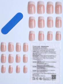 24 piezas Juego de uñas postizas cuadradas de tamaño mediano y largo, borde francés clásico blanco suave, uñas falsas para niñas y mujeres, con 1 gel de gelatina y 1 tira de lijado, suministros para uñas - Multicolor - Ver 2