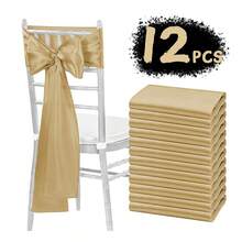 12pcs Elegant Satin Ribbon Bows, Chair Sashes - For Weddings, Banquets, Parties, Hotels, Home Decor, Multi-Purpose - Gold - View 10