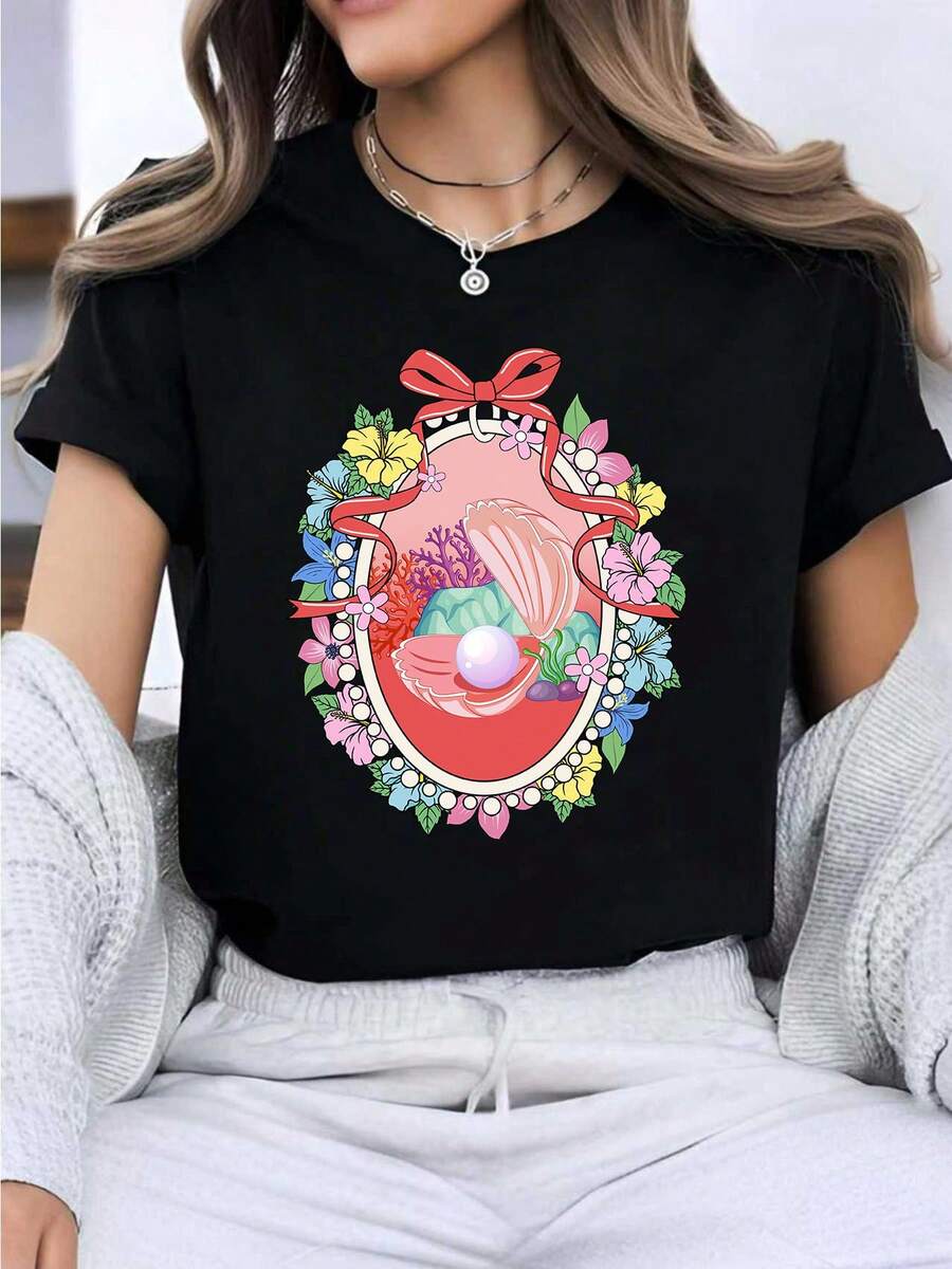 Disney Ariel Shell Print Women's T-Shirt, Casual Fashion Crew Neck Short Sleeve Summer Top, Custom College Style Cartoon Breathable Sweatshirt, Daily Outdoor Casual Wear - 黑色 - 查看 1