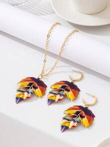 1 Set Personalized American Retro Spicy Girl Style Color-Block Textured Leaf Shaped Rainbow Necklace & Earrings Set, Suitable For Party, Music Festival, Beach Vacation Occasions, Bohemian Style Design For Beach Wear (Gift Box Not Included) - Multicolor - View 2