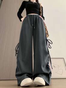 Spring/Summer Korean Style Elastic Waist Slimming Tie Bow Loose Wide Leg Sweatpants Long Pants For Women - Dark Grey - View 3