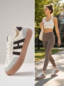 College Style Beige & Navy Thick Sole White Sneakers, Retro German Trainer Casual Skate Shoes, Soft Breathable Versatile Height-Increasing Athletic Shoes - Khaki - View 4