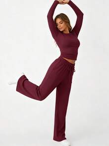 Conjunto de ropa de estar en casa de moda casual deportiva de yoga para mujer, estilo europeo & americano, color liso, cuello redondo, manga larga, otoño/invierno 2026 - Rojo - Ver 8