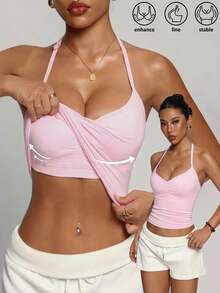 Sexy Sports Built-In Padded Spaghetti Strap Tank Top, Front Ruched Spaghetti Strap Cropped Camisole, All-Season Versatile Y2K Streetwear Summer - Multicolor - View 2