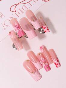 24pcs Soft Pink Hand-Painted Floral Square Press-On Nails Set, Atmospheric Fake Nails, Spring/Summer Gentle Style Long Square Nail Tips, Reusable Removable Realistic Wearable Nails - Pink - View 8