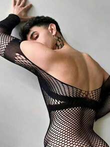 Ohmydear 男士連體魚網連褲襪吊帶內褲 性感內衣情趣內衣 - 黑色 - 查看 2