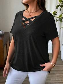 Talla Grande - Talla Grande - Camiseta Casual de Color Sólido con Cuello en V Cruzado y Mangas Cortas para Verano - Negro - Ver 4