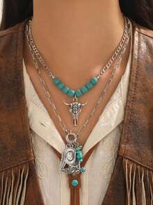 2 Stücke Damen-Halsketten-Set im Western-Cowboy-Stil, klassisch, mit Stierkopf-, Hut-, Stiefel- und Blatt-Multi-Metallanhänger, blauem Türkis, doppelter geschichteter Kette, eleganter Halsschmuck für Ausflüge, Dates, Partys, Musikfestivals und den Alltag - Verschiedenfarbig - Übersicht 1