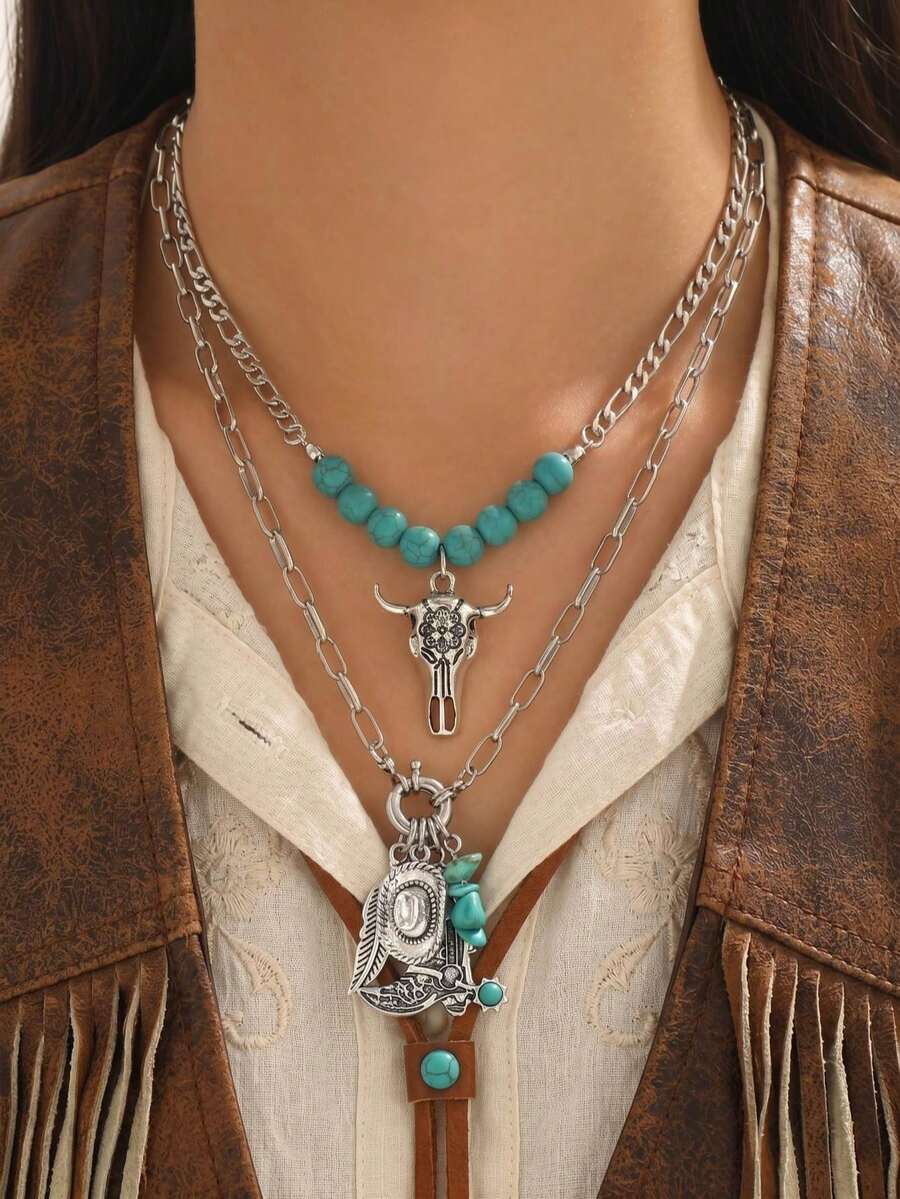 2 Stücke Damen-Halsketten-Set im Western-Cowboy-Stil, klassisch, mit Stierkopf-, Hut-, Stiefel- und Blatt-Multi-Metallanhänger, blauem Türkis, doppelter geschichteter Kette, eleganter Halsschmuck für Ausflüge, Dates, Partys, Musikfestivals und den Alltag - Verschiedenfarbig - Übersicht 1