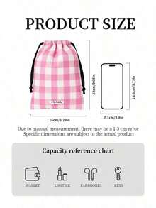Prada Pink & White Plaid Drawstring Makeup Storage Bag, Soft Fabric Portable Cosmetic Organizer, Large Capacity Skincare Drawstring Pouch, Commute Shopping Short Trip Toiletry Storage Bag, Best Friend Birthday Gift, Fresh Girly Style - Pink - View 7
