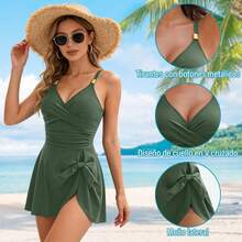 Women's Swimsuits, Women's Swimsuits For Swimming And Fitted Swimwear, Women's One-Piece Swimsuit With Elegant Skirt, Women's Swimsuit With Tummy Control For Beach, Pool, And Surfing - 綠色的 - 查看 7