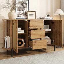 Oval Sideboard With Rattan, Sliding Doors, Drawers, Adjustable Shelves, Wood Effect, Metal Legs, - Natural - 查看 3