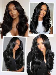 22 Inch Women's U-Shaped Layered Curly Synthetic Fiber Heat Resistant Clip-In Half Wig, Suitable For Daily, Party, Vacation, Available In Black/Golden/Brown Highlights - Black - View 7