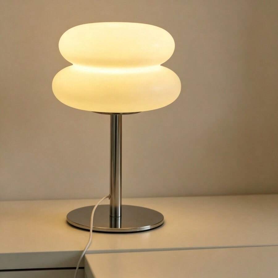 Bauhaus Style LED Desk Lamp, Dimmable Modern Bedside/Desk Lamp, USB Powered, Double-Layer Bread-Shaped Lampshade, Button Brightness Adjustment, Suitable For Bedroom, Living Room, Dining Room, Minimalist Home Decor, Housewarming And Holiday Decoration Gift - White - View 1