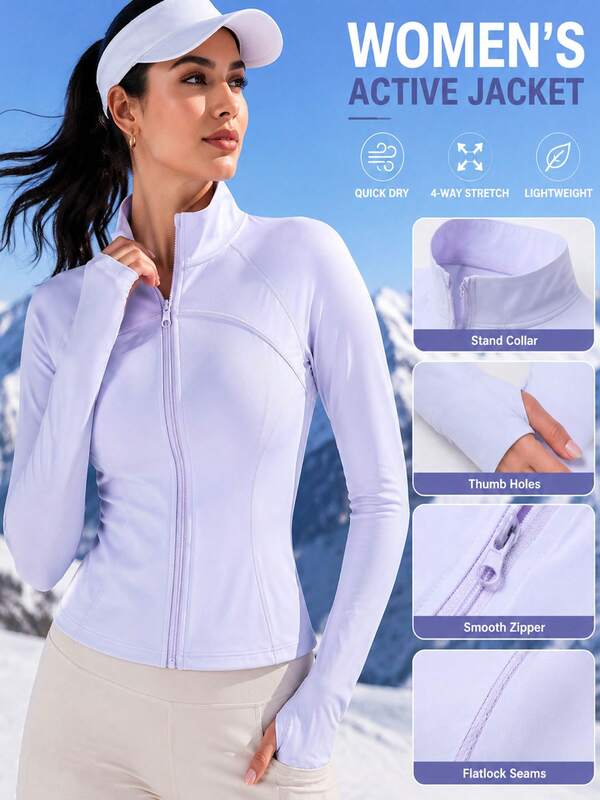 Women's Fitted Stand Collar Long Sleeve Zip-Up Sports Jacket With Thumb Hole And Side Pockets