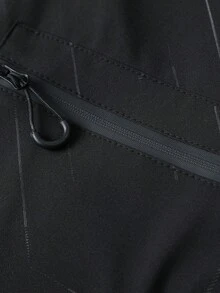 Men's Pure Black Textured Fine Line All-Over Print Hooded Windbreaker Jacket, Adjustable Drawstring Hood, Zipper Pockets, Loose Fit Functional Streetwear Jacket - Black - View 7