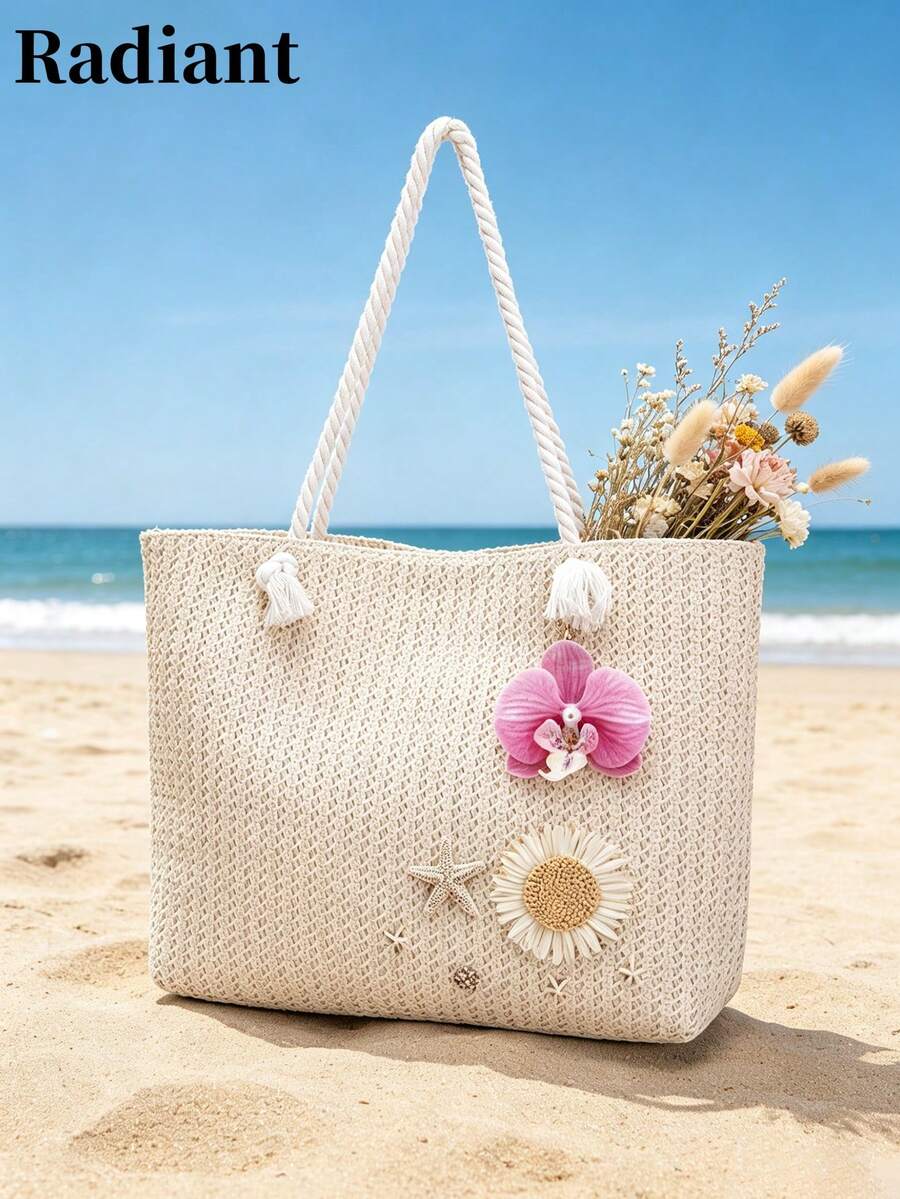 女款海灘托特包，蘭花雛菊與海星裝飾草編單肩包，適合夏季度假（隨機吊飾掛鉤）