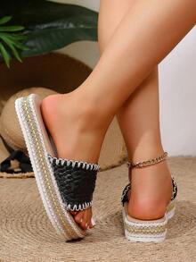 Women's Coconut Fiber Woven Flat Sandals, Bohemian Non-Slip Slippers, Summer Beach Casual Open Toe Flat Shoes With Decorative Trim - Black - View 7