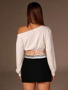 Whisplicity Fashion Women's Knit Boat Neck Top, Dropped Shoulder Long Sleeve With Lace Trim, 2-In-1 Design, Suitable For Daily Wear White - White - View 2