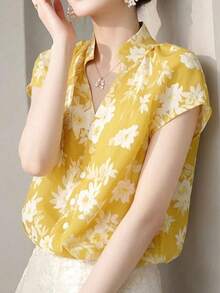 法式浪漫花卉印花女式工作襯衫，優雅通勤V領短袖夏季休閒女式襯衫，精美女式襯衫商務休閒女裝，女式秋季服飾 - 黃色 - 查看 3