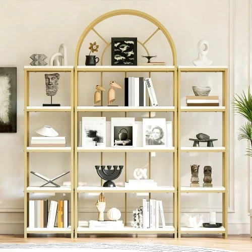 163*30*184 Cm Freestanding Shelf Set – Modular Bookcase With Gold Metal Frame & White MDF Shelves, 3-Piece Shelf With Arched Design, Display Shelf For Living Room, Kitchen & Office, Display Case, Shelf, Bookcases - 1PC - View 1